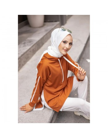 Sweat-Tunique sport bi-colore pour femme voilée - Couleur blanc et rouille 
