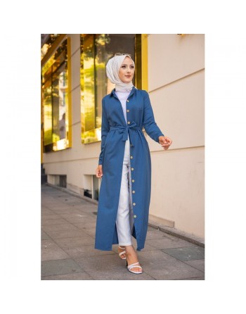 Robe boutonnée avec ceinture assortie pour femme (Tenue de ville chic pour hijab) - Couleur bleu pétrole 