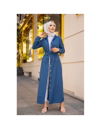 Robe boutonnée avec ceinture assortie pour femme (Tenue de ville chic pour hijab) - Couleur bleu pétrole 