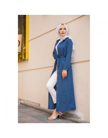 Robe boutonnée avec ceinture assortie pour femme (Tenue de ville chic pour hijab) - Couleur bleu pétrole 