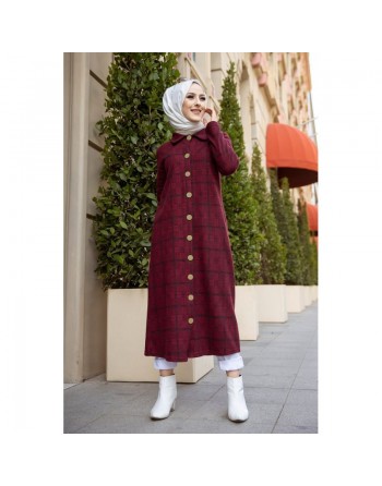 Robe-Veste longue à gros boutons - Couleur bordeaux 