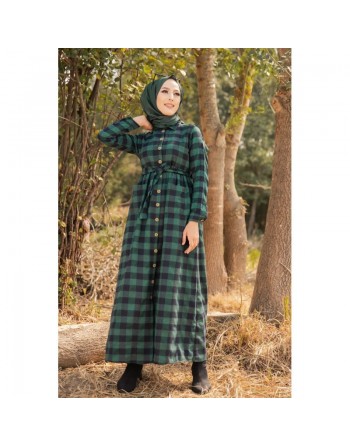 Robe chemise longue à carreaux avec ceinture assortie pour femme - Couleur Vert et noir 