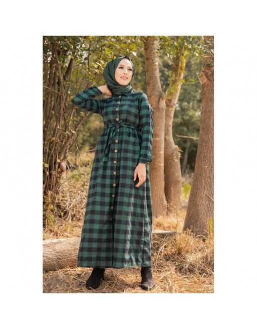 Robe chemise longue à carreaux avec ceinture assortie pour femme - Couleur Vert et noir Robe chemise longue à carreaux avec ceinture assortie pour femme - Couleur Vert et noir