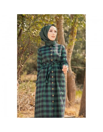 Robe chemise longue à carreaux avec ceinture assortie pour femme - Couleur Vert et noir 