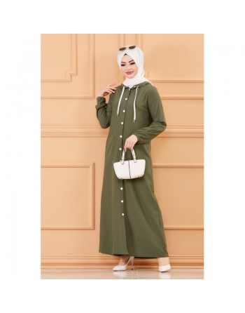 Robe-manteau boutonnée avec grandes poches et capuche (Vêtement mastour pour hijab) - Couleur kaki 