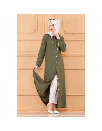 Robe-manteau boutonnée avec grandes poches et capuche (Vêtement mastour pour hijab) - Couleur kaki 