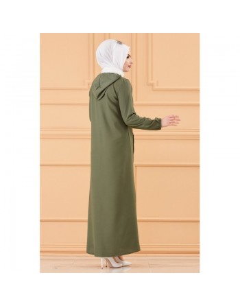 Robe-manteau boutonnée avec grandes poches et capuche (Vêtement mastour pour hijab) - Couleur kaki 