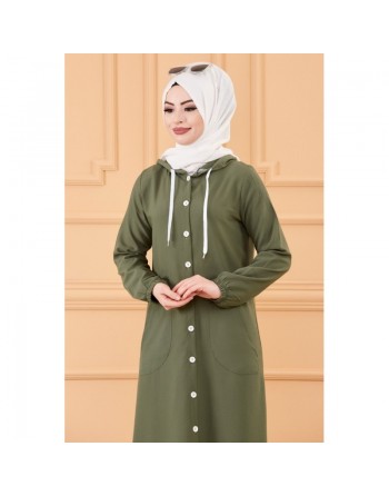 Robe-manteau boutonnée avec grandes poches et capuche (Vêtement mastour pour hijab) - Couleur kaki 