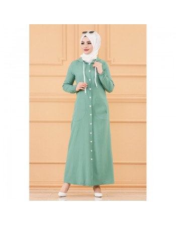 Robe-manteau boutonnée avec grandes poches et capuche (Tenue mastoura pour mohajaba) - Couleur menthe 