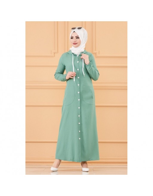 Robe-manteau boutonnée avec grandes poches et capuche (Tenue mastoura pour mohajaba) - Couleur menthe Robe-manteau boutonnée avec grandes poches et capuche (Tenue mastoura pour mohajaba) - Couleur menthe
