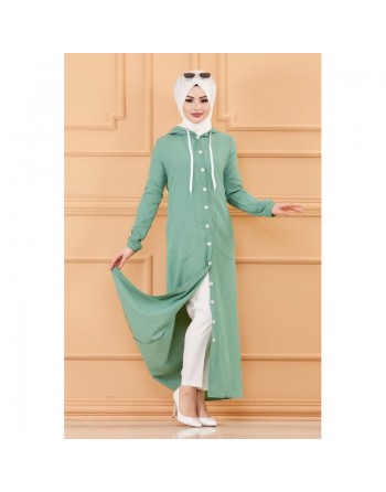 Robe-manteau boutonnée avec grandes poches et capuche (Tenue mastoura pour mohajaba) - Couleur menthe 