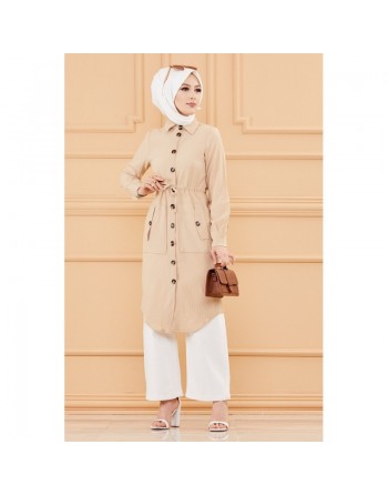 Tunique-Veste longue avec lien de serrage à la taille (Vetement pour femme voilée) - Couleur roche 