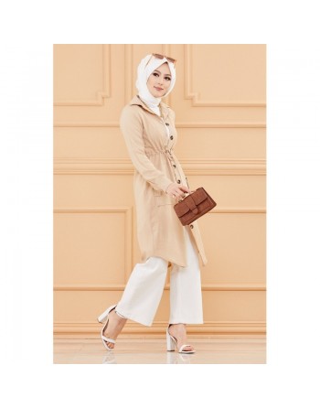 Tunique-Veste longue avec lien de serrage à la taille (Vetement pour femme voilée) - Couleur roche 