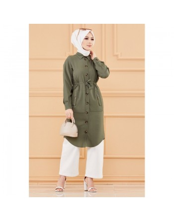 Tunique - Veste longue style saharienne (Vêtement musulman pour femme voilée) - Couleur vert 