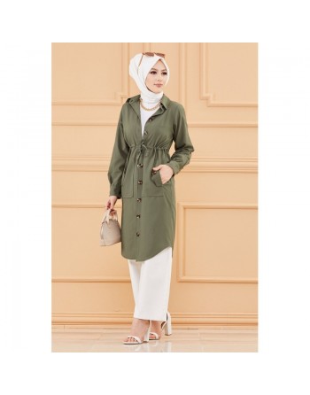 Tunique - Veste longue style saharienne (Vêtement musulman pour femme voilée) - Couleur vert 