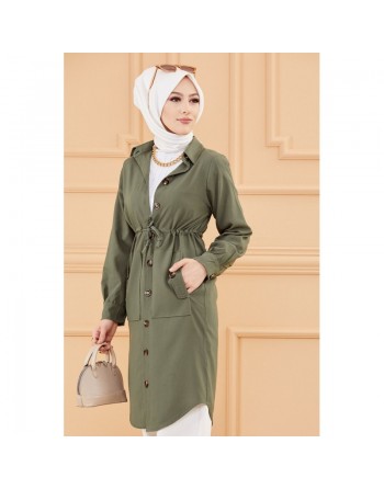 Tunique - Veste longue style saharienne (Vêtement musulman pour femme voilée) - Couleur vert 