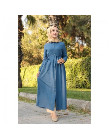Robe chemise longue avec ceinture (Vêtement ample adapté aux femmes voilées) - Couleur bleu indigo 