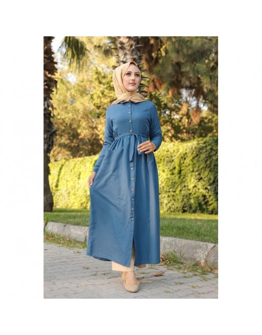 Robe chemise longue avec ceinture (Vêtement ample adapté aux femmes voilées) - Couleur bleu indigo Robe chemise longue avec ceinture (Vêtement ample adapté aux femmes voilées) - Couleur bleu indigo