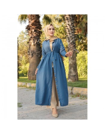 Robe chemise longue avec ceinture (Vêtement ample adapté aux femmes voilées) - Couleur bleu indigo 