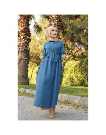 Robe chemise longue avec ceinture (Vêtement ample adapté aux femmes voilées) - Couleur bleu indigo 