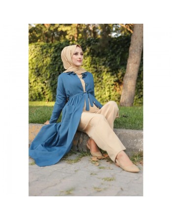Robe chemise longue avec ceinture (Vêtement ample adapté aux femmes voilées) - Couleur bleu indigo 
