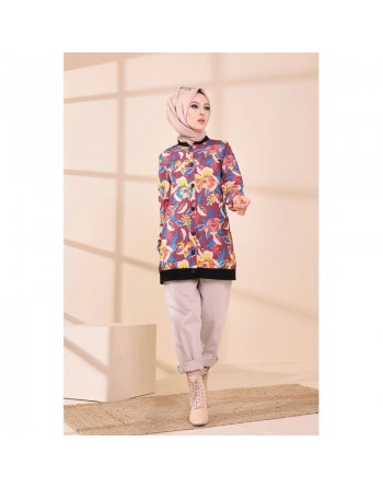 Veste Tunique avec motifs fleurs pour femme - Couleur prune 