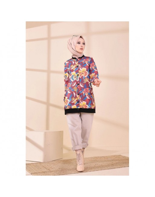 Veste Tunique avec motifs fleurs pour femme - Couleur prune Veste Tunique avec motifs fleurs pour femme - Couleur prune