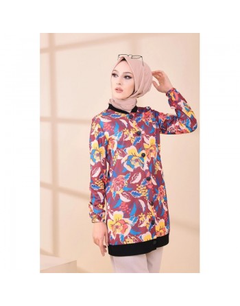 Veste Tunique avec motifs fleurs pour femme - Couleur prune 