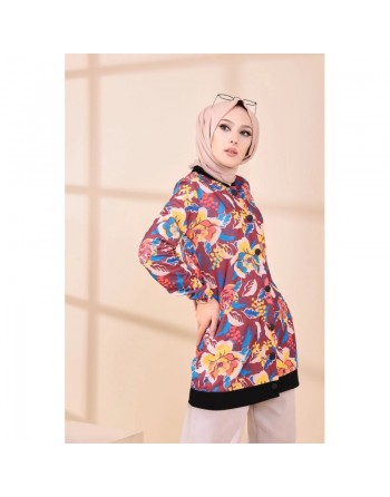 Veste Tunique avec motifs fleurs pour femme - Couleur prune 