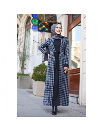 Robe à carreaux type "Kabaya" (Kimono avec Abaya cousue en une seule pièce) - Couleur noir et anthracite 