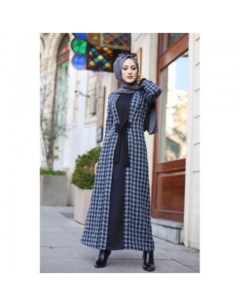 Robe à carreaux type "Kabaya" (Kimono avec Abaya cousue en une seule pièce) - Couleur noir et anthracite 