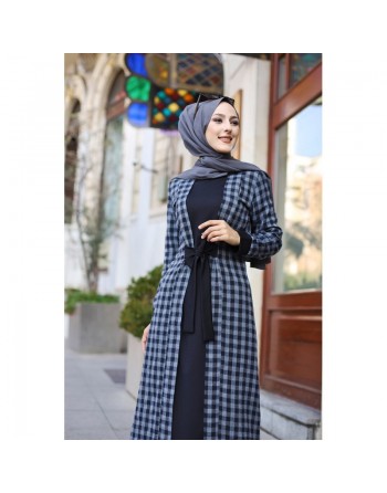 Robe à carreaux type "Kabaya" (Kimono avec Abaya cousue en une seule pièce) - Couleur noir et anthracite 