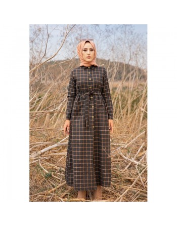 Robe chemise longue boutonnée à carreaux - Saison Automne-Hiver (Modest Fashion) - Couleur anthracite et tabac 