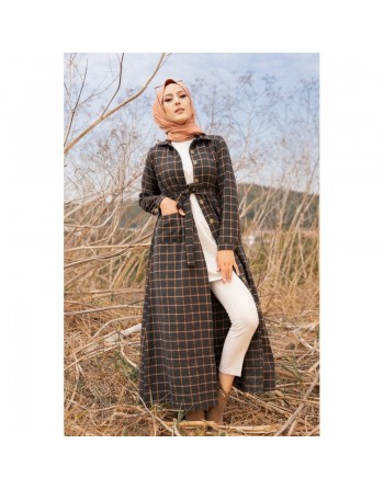 Robe chemise longue boutonnée à carreaux - Saison Automne-Hiver (Modest Fashion) - Couleur anthracite et tabac 