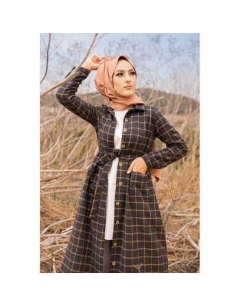 Robe chemise longue boutonnée à carreaux - Saison Automne-Hiver (Modest Fashion) - Couleur anthracite et tabac 