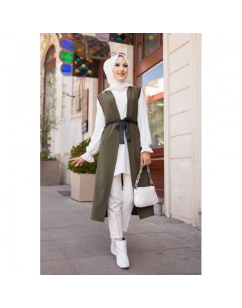 Gilet long sans manches pour femme avec ceinture noire (Mode islamique) - Couleur kaki 