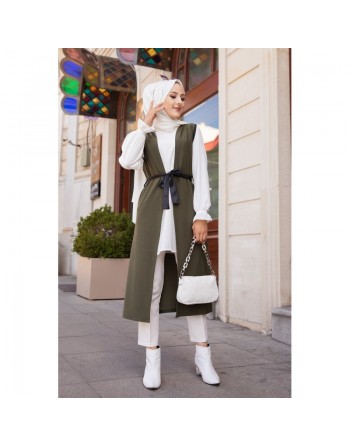 Gilet long sans manches pour femme avec ceinture noire (Mode islamique) - Couleur kaki 