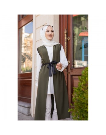 Gilet long sans manches pour femme avec ceinture noire (Mode islamique) - Couleur kaki 
