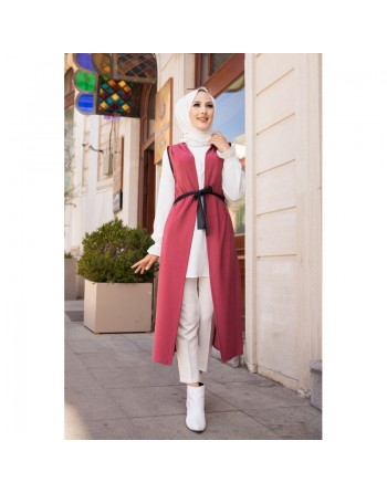 Gilet long sans manches avec ceinture noire (Tunique longue mastoura pour femme voilée) - Couleur Rose 