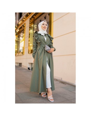 Robe longue boutonnée à froufrou (Tenue pour femme voilée) - Couleur vert Kaki 