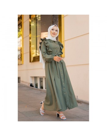 Robe longue boutonnée à froufrou (Tenue pour femme voilée) - Couleur vert Kaki 