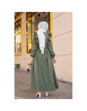 Robe longue boutonnée à froufrou (Tenue pour femme voilée) - Couleur vert Kaki 