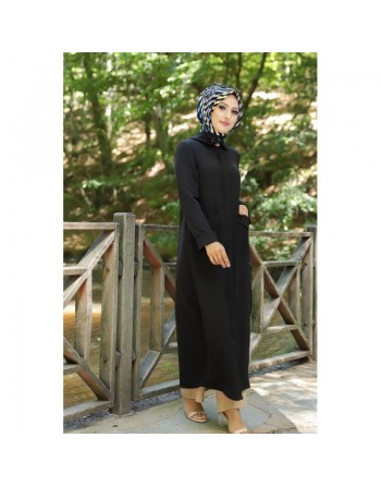 Robe longue fluide entièrement boutonnée devant (Robes hijab casual) - Couleur Noir 