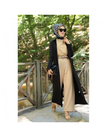 Robe longue fluide entièrement boutonnée devant (Robes hijab casual) - Couleur Noir 