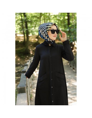 Robe longue fluide entièrement boutonnée devant (Robes hijab casual) - Couleur Noir 