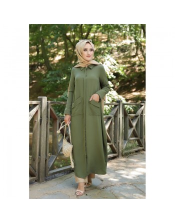 Robe longue fluide entièrement boutonnée devant (Vetement hijab turque casual) - Couleur Kaki 
