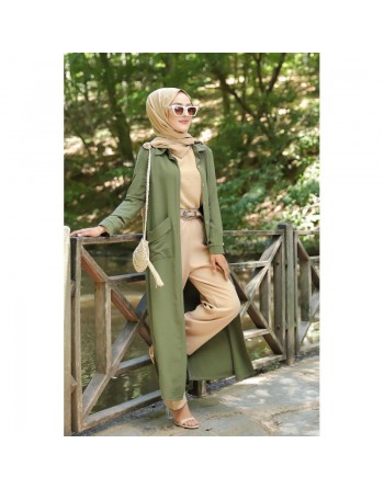 Robe longue fluide entièrement boutonnée devant (Vetement hijab turque casual) - Couleur Kaki 