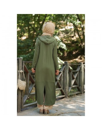 Robe longue fluide entièrement boutonnée devant (Vetement hijab turque casual) - Couleur Kaki 