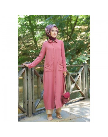 Robe longue fluide entièrement boutonnée devant (Vêtement Hijab Turque Outfit) - Couleur Rose 