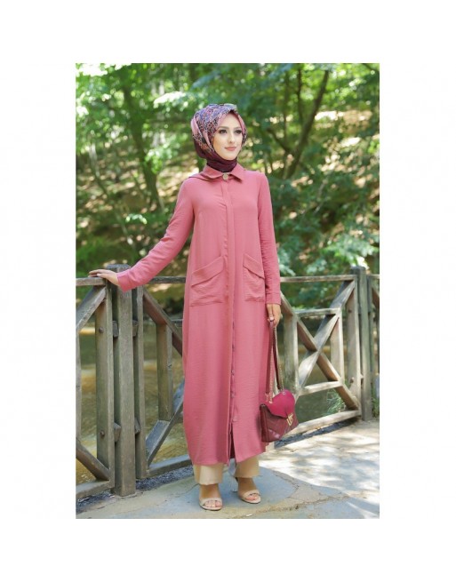 Robe longue fluide entièrement boutonnée devant (Vêtement Hijab Turque Outfit) - Couleur Rose Robe longue fluide entièrement boutonnée devant (Vêtement Hijab Turque Outfit) - Couleur Rose